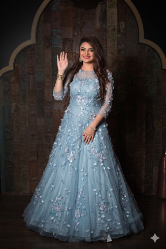 Floral Appliqué Blue Evening Gown